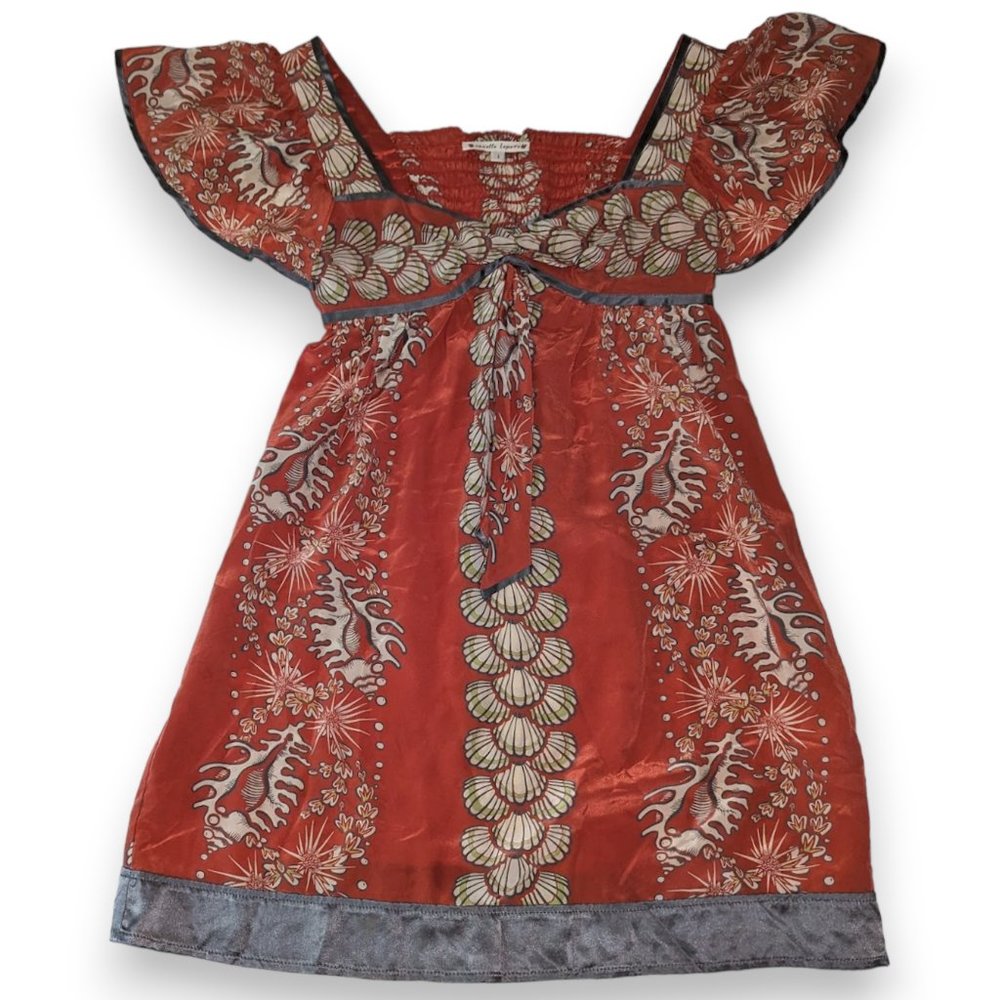 Nanette Lepore Coral Rusty Orange Seashells Empire Waist Sleeveless Silk Dress 2